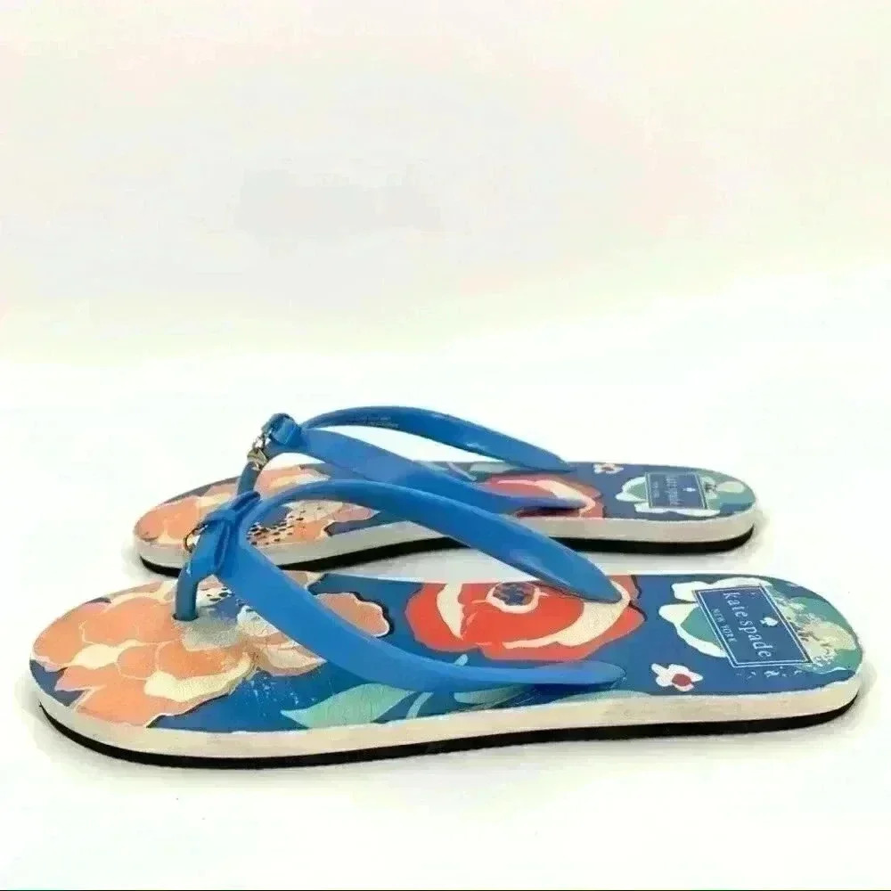 Kate spade women sandals size 9-10 L multicolored floral tropical flip flops - Picture 5 of 9